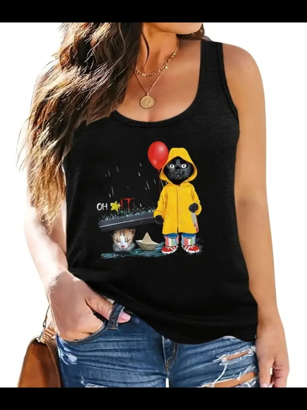 Black Tank Top with Yellow Raincoat Cat Graphic